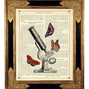 Butterflies Steampunk Poster Microscope Science Optical Instrument - Vintage Victorian Book Page Art Print Dictionary Art Dark Academia