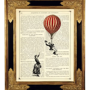 Couple Lady Gentleman Hot Air Balloon Love Vintage Victorian Book Page Art Print Steampunk Valentine's Day image 1