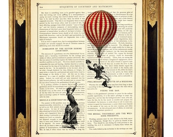 Couple Lady Gentleman Hot Air Balloon Love - Vintage Victorian Book Page Art Print Steampunk Valentine's Day