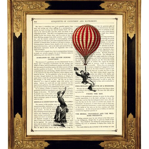 Couple Lady Gentleman Hot Air Balloon Love - Vintage Victorian Book Page Art Print Steampunk Valentine's Day