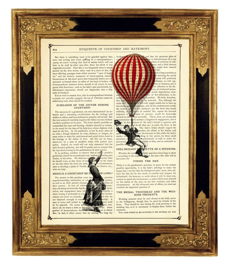 Couple Lady Gentleman Hot Air Balloon Love Vintage Victorian Book Page Art Print Steampunk Valentine's Day image 1