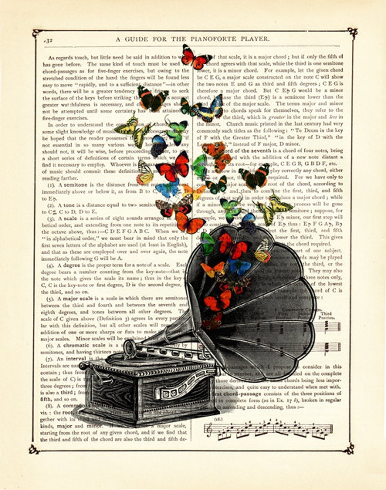 Impression d'affiche de lecteur de musique dictionnaire gramophone papillons impression d'art page de livre victorienne vintage steampunk image 2