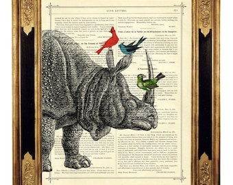 Impression d'art rhinocéros rhinocéros oiseaux affiche corne amitié - page de livre victorienne vintage impression d'art Steampunk