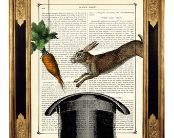 Rabbit Bunny Carrot Magic Top Hat Easter Bunny Cottagecore - Vintage Victorian Book Page Art Print Steampunk Dictionary Art