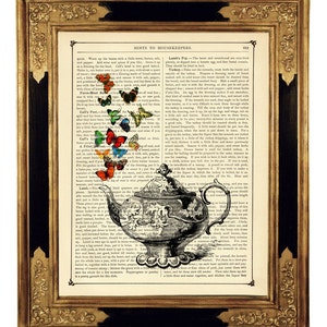 Teapot Butterflies Butterfly Picture Kitchen Country Cottagecore Decoration Dictionary Vintage Victorian Book Page Art Print Steampunk image 1