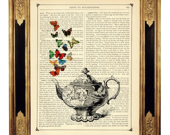 Bule borboletas borboleta imagem cozinha país cottagecore decoração dicionário-vintage vitoriano livro página arte impressão steampunk