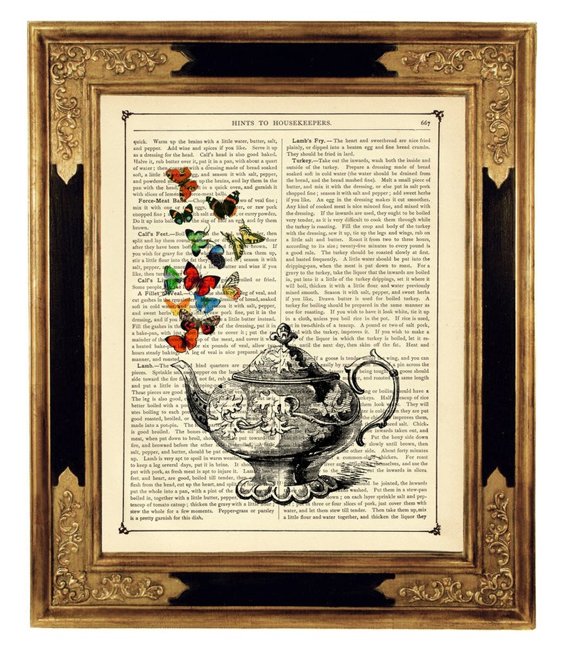 Teapot Butterflies Butterfly Picture Kitchen Country Cottagecore Decoration Dictionary Vintage Victorian Book Page Art Print Steampunk image 1