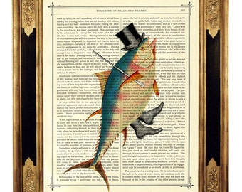 Dança peixe arte impressão cavalheiro cartola cana steampunk cartaz-vintage vitoriano livro página arte impressão náutico sealife