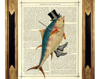 Dancing Fish Art Print Gentleman Top Hat Cane Steampunk Poster - Vintage Victorian Book Page Art Print  Nautical Sealife