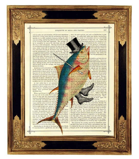 Dancing Fish Art Print Gentleman Top Hat Cane Steampunk Poster Vintage  Victorian Book Page Art Print Nautical Sealife 