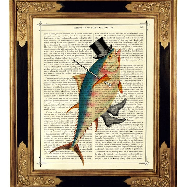 Tanzender Herr Fisch Kunstdruck Gentleman Zylinder Hut Spazierstock Poster - Steampunk Druck auf antiker viktorianischer Buchseite