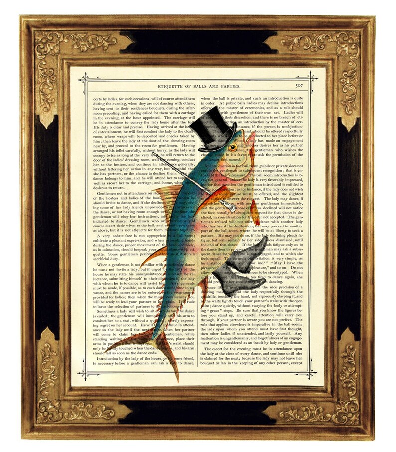 Dancing Fish Art Print Gentleman Top Hat Cane Steampunk Poster Vintage Victorian Book Page Art Print Nautical Sealife image 1