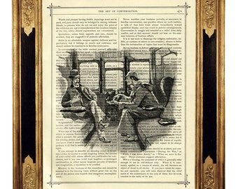 Sherlock Holmes et le Dr John Watson train Dark Academia - page de livre victorienne vintage impression d'art gravure steampunk Arthur Conan Doyle