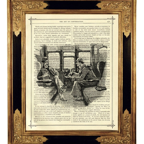 Sherlock Holmes Dr John Watson Zug Kunstdruck Freundschaft Detektive - Steampunk Druck auf antiker viktorianischer Buchseite