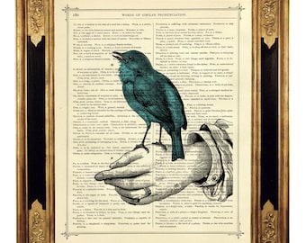 Impression d'art oiseau bleu doigt main maison de campagne cadeau Saint-Valentin - page de livre victorienne vintage impression d'art Steampunk