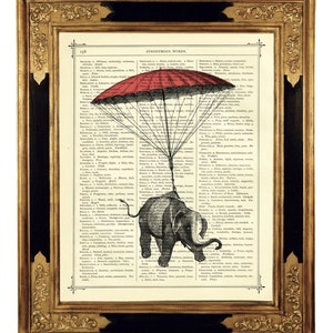 Elephant hanging by pink Parachute Nursery Cottagecore - Vintage Victorian Book Page Art Print Steampunk