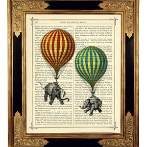 Elephants Art Hot Air Balloons Poster Steampunk Dictionary Shabby Chic - Vintage Victorian Book Page Art Print