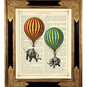 Elephants Art Hot Air Balloons Poster Steampunk Dictionary Shabby Chic - Vintage Victorian Book Page Art Print