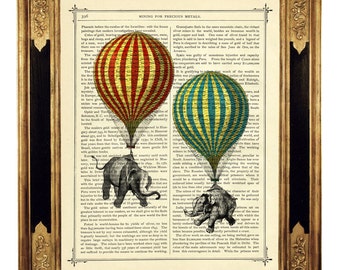 Elefantes arte balões de ar quente pôster steampunk dicionário shabby chic-vintage vitoriano livro página arte impressão