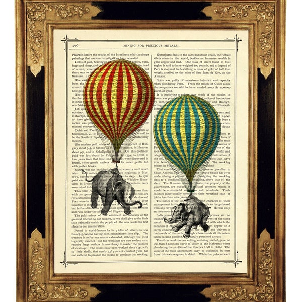 Éléphants Art Montgolfières Poster Steampunk Dictionary Shabby Chic - Page de livre victorienne vintage Impression artistique