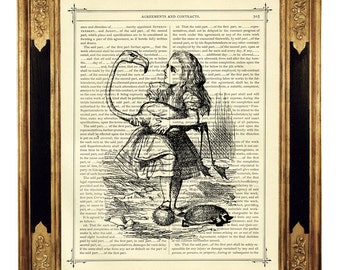 Alice in Wonderland Dictionary Art Flamingo Croquet Cottagecore - Vintage Victorian Book Page Art Print Steampunk