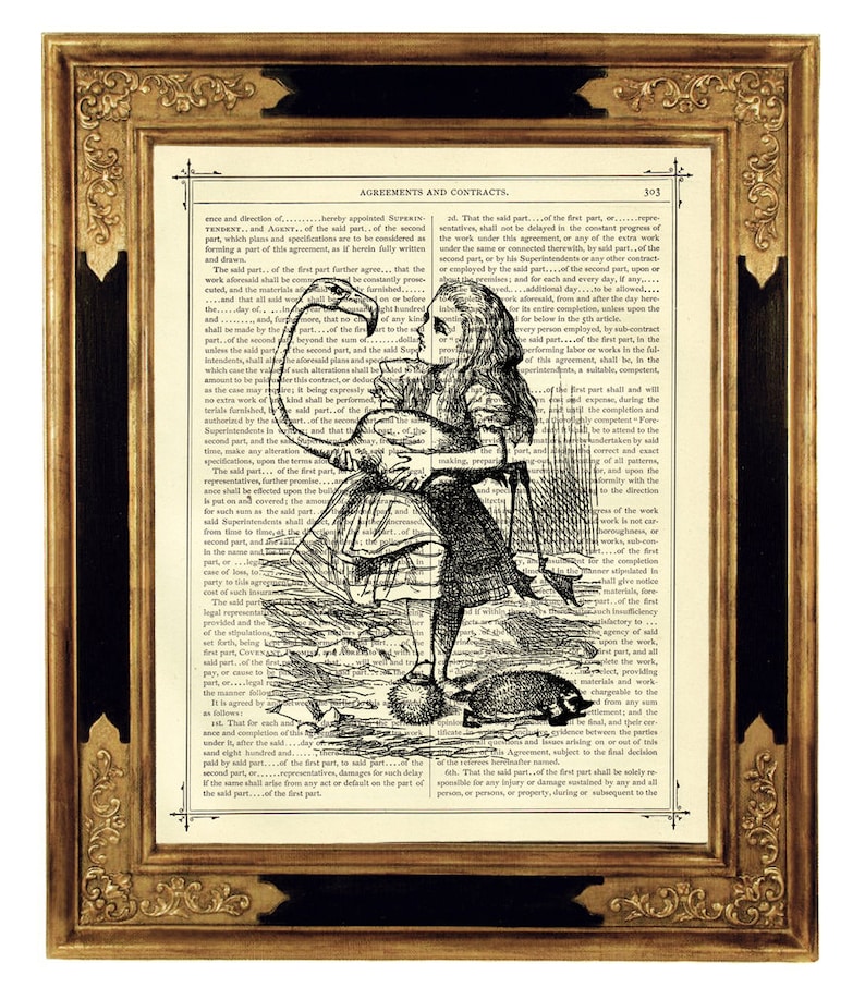 Alice in Wonderland Dictionary Art Flamingo Croquet B&w Etsy