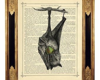 Hanging Bat Vampire Halloween Gothic Fruit - Vintage Victorian Book Page Art Print Steampunk