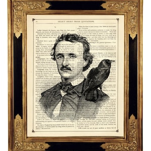 Edgar Allan Poe Art Portrait Raven Crow Nevermore Gothic Halloween Dark Academia - Vintage Victorian Book Page Art Print Steampunk
