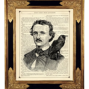 Edgar Allan Poe Art Portrait Raven Crow Nevermore Gothic Halloween Dark Academia Vintage Victorian Book Page Art Print Steampunk image 1