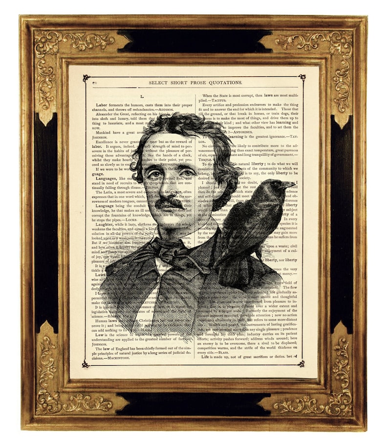 Edgar Allan Poe Kunstdruck Rabe Bild Gothic Halloween Dekoration Steampunk Druck auf antiker viktorianischer Buchseite Bild 1