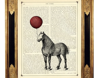 Horse Art Print red Balloon Birthday Gift Mother's Day Shabby Chic - Vintage Victorian Book Page Art Print Steampunk