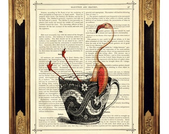 Pinker Flamingo Teetasse Kunstdruck Badezimmer Teeparty Poster - Steampunk Druck auf antiker viktorianischer Buchseite