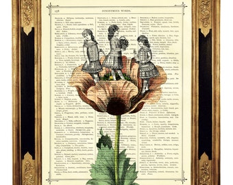 Girls playing Flower Art Print Cottagecore - Vintage Victorian Dictionary Book Page Art Print Steampunk Nursery Art Wall Decor