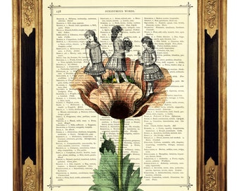 Girls playing Flower Art Print Cottagecore - Vintage Victorian Dictionary Book Page Art Print Steampunk Nursery Art Wall Decor