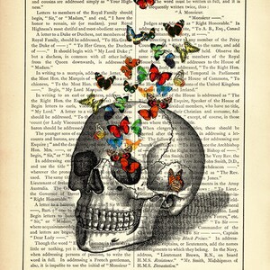 Cráneo humano Mariposas Huesos Anatomía Mariposa Academia oscura Gótico Halloween Página de libro victoriano vintage Póster impreso imagen 2