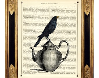 Raven Crow Art Print Pássaro Bule Imagem Gótica Cozinha - Página de Livro Vitoriano Vintage Impressão de Arte Steampunk