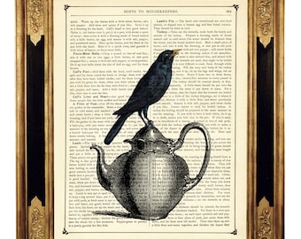 Impression d'art corbeau corbeau oiseau théière photo cuisine gothique - page de livre victorienne vintage impression d'art Steampunk