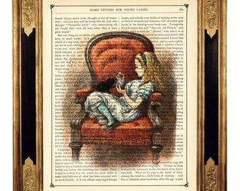 Alice in Wonderland Armchair black Cat Kitten - Vintage Victorian Book Page Art Print Steampunk Dark Academia Color Poster