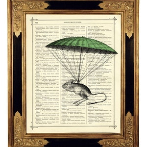 Mouse green Parachute Poster Print Nursery Baby shower - Steampunk Vintage Victorian Book Page Art Print