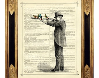 Gentleman Rifle bleu BirdsArt Print fusil de chasse Peace Love - page de livre victorienne vintage impression d'art Steampunk