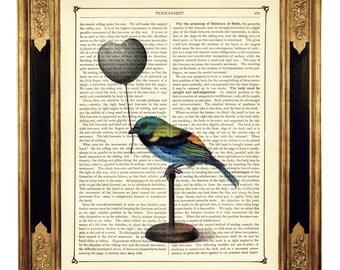 Saint-Valentin oiseau noir coeur ballon dictionnaire Cottagecore - page de livre victorienne vintage impression d'art Steampunk