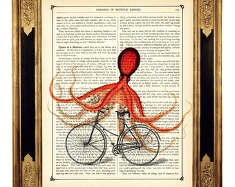 Octopus Kraken Bike Bicycle Tentacles Dictionary Poster - Steampunk Vintage Victorian Book Page Art Print