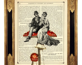 Couple Lady Gentleman Poster Mushroom Valentine's Day Love Steampunk Cottagecore - Vintage Victorian Book Page Art Print