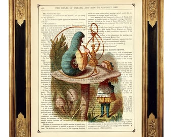 Impression d'Alice au pays des merveilles en train de fumer, affiche de chenille, champignon - page de livre victorienne vintage, impression d'art couleur Steampunk