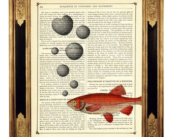 Poisson bulles coeur amour Saint-Valentin chambre d'enfant - livre victorien vintage Page dictionnaire Art Print Steampunk nautique Sealife Aquarium