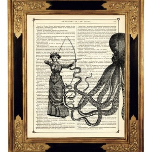 Lady vs Oktopus Kunstdruck Kraken Dame - Steampunk Druck auf antiker viktorianischer Buchseite
