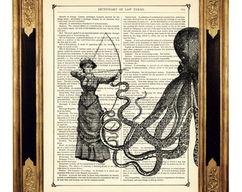 Lady vs Octopus Kraken Poster Steampunk Dark Academia - Vintage Victorian Book Page Art Print