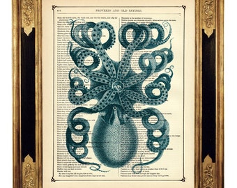 Blauer Oktopus Kunstdruck Kraken Tentakeln Meer Poster - Steampunk Druck auf antiker viktorianischer Buchseite