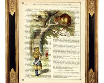 Alice no país das maravilhas Impressão artística sorrindo Cheshire Cat Cottagecore - Página de livro vitoriano vintage Impressão artística Steampunk Dicionário Art Nursery