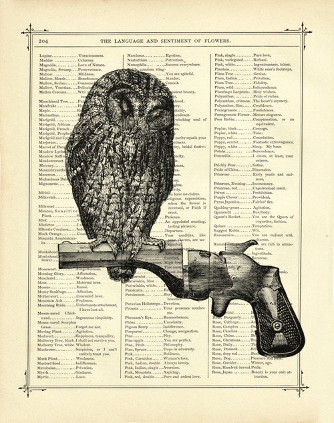 Owl Art Print Revolver Tree Branch Gun Dictionary Poster Etsy